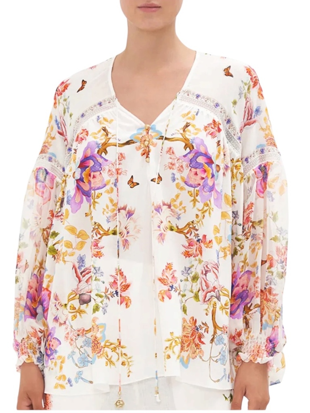 CAMILLA SPIDER GIRL BLOUSON SILK BLOUSE W NECK TIE & CRYSTAL EMBELLISHMENTS NWT